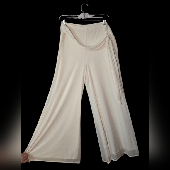 Onyx Nite Dressy Pants XL Solid White Wide leg Chiffon Overlay With Belt Lined - Picture 2 of 7